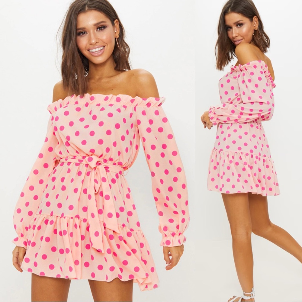 PrettyLittleThing Pink Polka Dot Off the Shoulder Dress